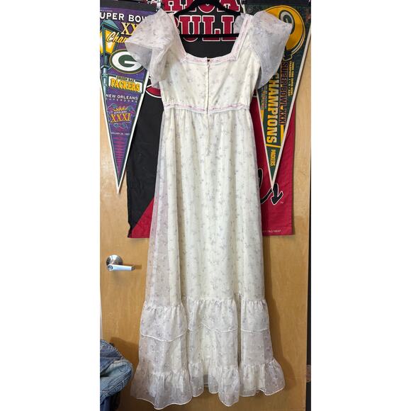 VINTAGE 70s Maxi Dress Womens Floral Sheer Tiered Puff Sleeve Fairy Prairie XS - Picture 2 of 7